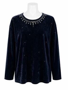 Bentley Navy Blue Crushed Velvet Silver Beaded Rhinestone Travel Tunic Top L